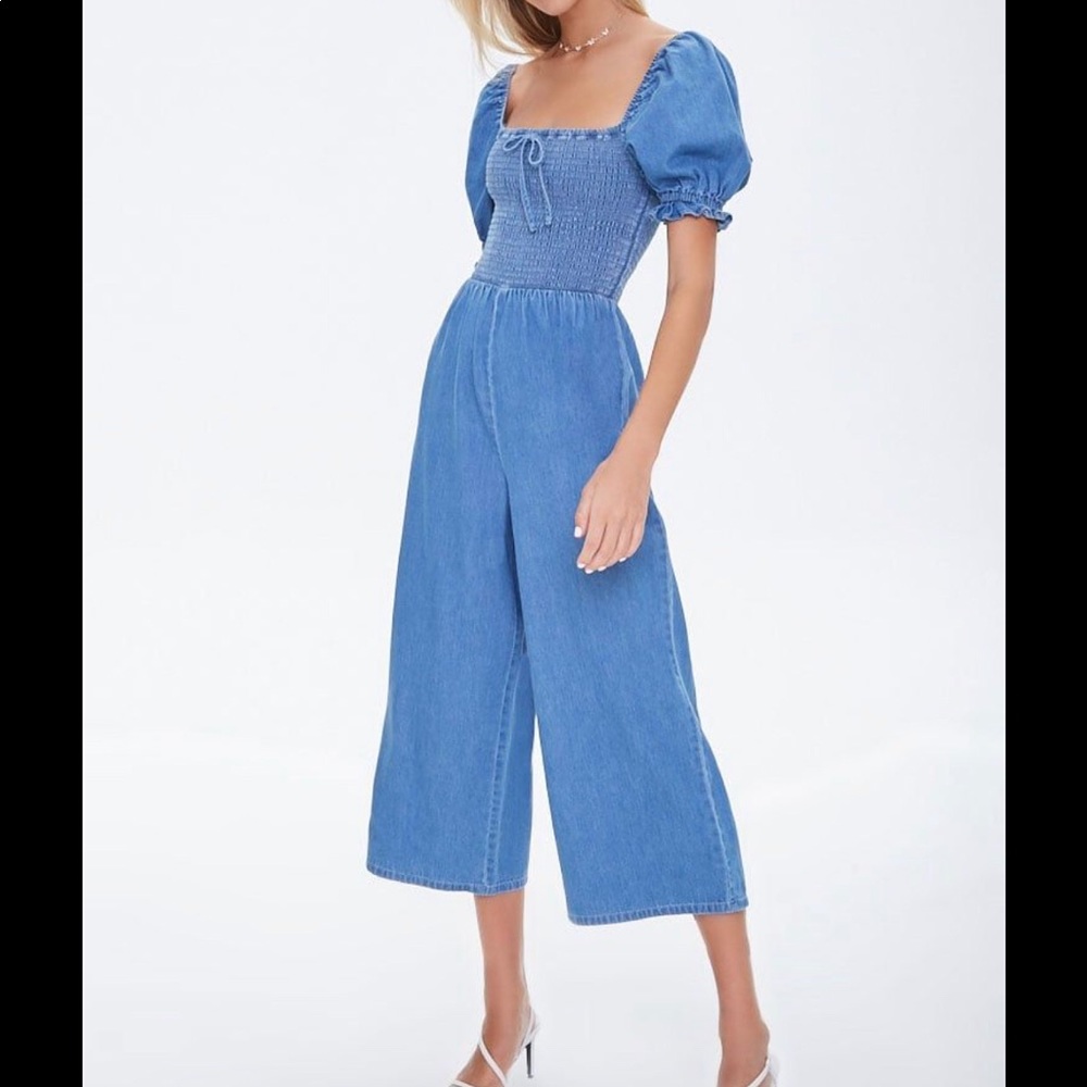 F21 Smocked Chambray Jumpsuit
